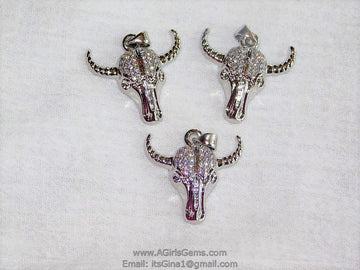 Cow Skull CZ Micro Pave Silver Bull Skull Pendant Boho Cubic Zirconia Ox Longhorn Skull Cowboy Supplies Crafts Supplies Bull Skull - A Girls Gems